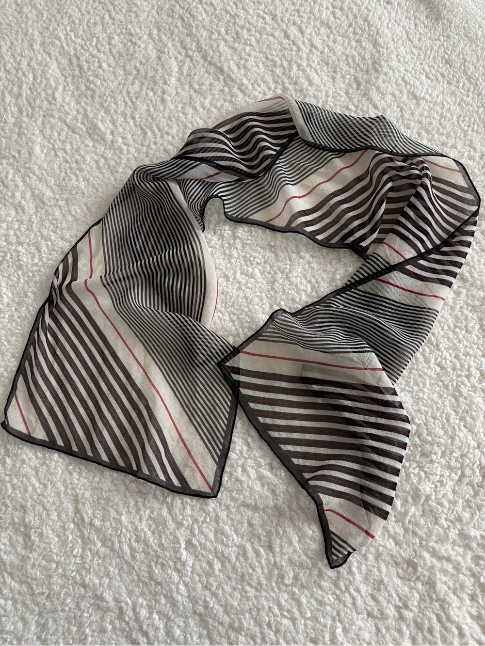 Talbots 100% Silk Striped Scarf Black Red White Gray Geometric Abstract Sheer